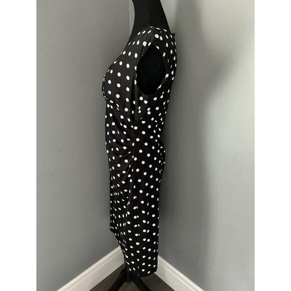 Lauren Ralph Lauren Sheath Dress Black White Polka Dot Ruched Faux Wrap Size 8 - Picture 3 of 9